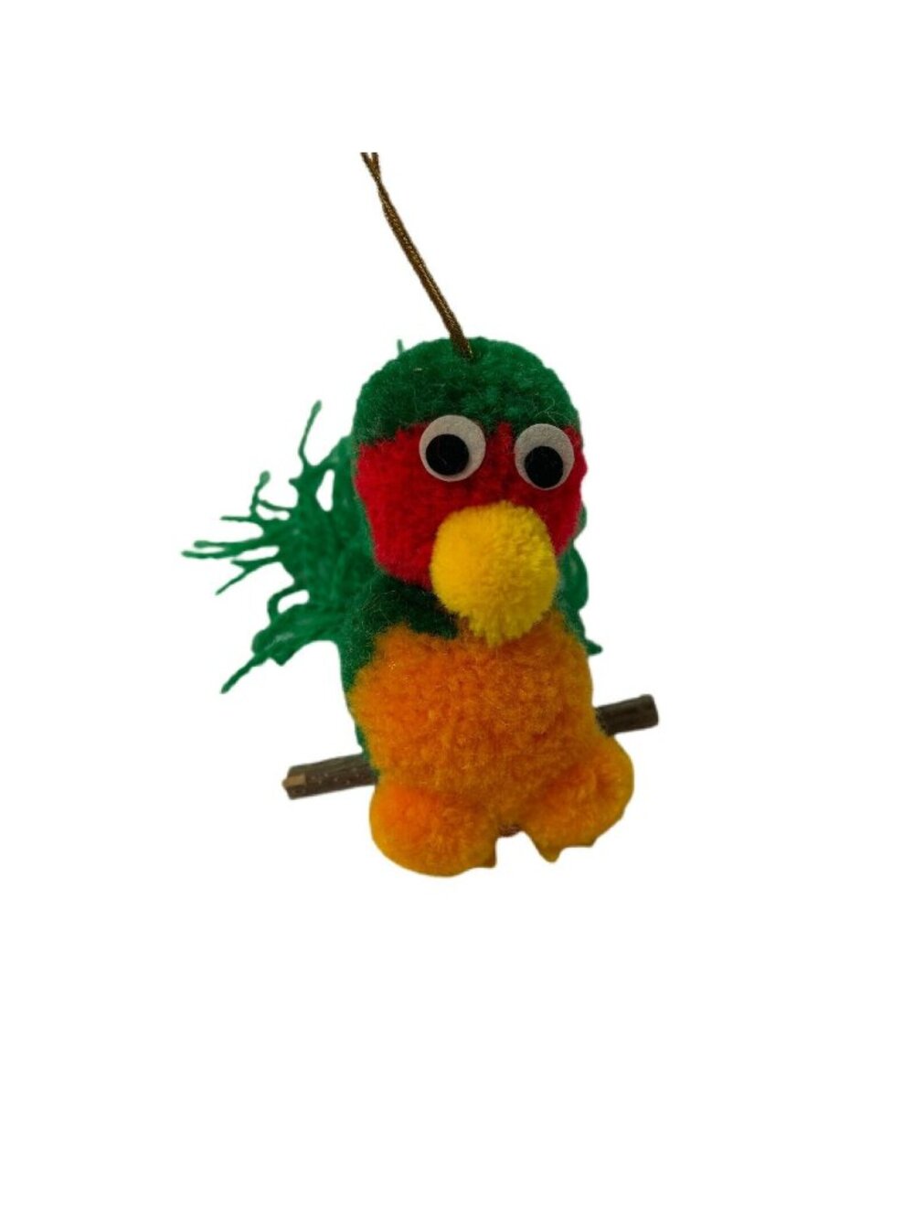 Pom Pom Bird Ornament Hanging Parrot Red Green Yellow Handmade Yarn Tail Holiday